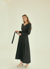 Pleated V-Neck Midi Linen Dress with Long Sleeves and Waist Tie for Timeless Elegance