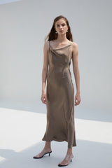 Silk Satin Cowl Neck Slip Dress for Women – Sleeveless Bias-Cut Midi Dress with Elegant Drape