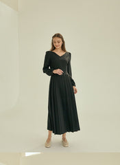 Pleated V-Neck Midi Linen Dress with Long Sleeves and Waist Tie for Timeless Elegance