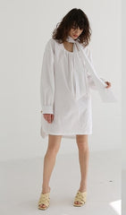 Linen Mini Dress With Contrast Stitching, Oversized Buttons And Flutter Sleeves