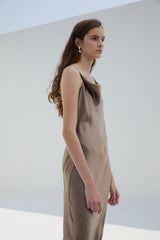 Silk Satin Cowl Neck Slip Dress for Women – Sleeveless Bias-Cut Midi Dress with Elegant Drape