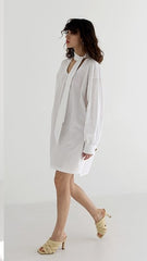 Linen Mini Dress With Contrast Stitching, Oversized Buttons And Flutter Sleeves