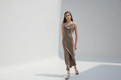 Silk Satin Cowl Neck Slip Dress for Women – Sleeveless Bias-Cut Midi Dress with Elegant Drape