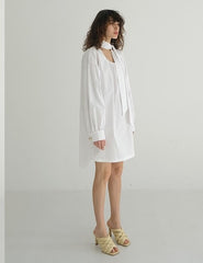 Linen Mini Dress With Contrast Stitching, Oversized Buttons And Flutter Sleeves