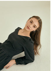 Pleated V-Neck Midi Linen Dress with Long Sleeves and Waist Tie for Timeless Elegance