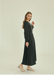Pleated V-Neck Midi Linen Dress with Long Sleeves and Waist Tie for Timeless Elegance