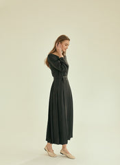 Pleated V-Neck Midi Linen Dress with Long Sleeves and Waist Tie for Timeless Elegance