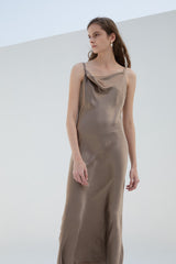 Silk Satin Cowl Neck Slip Dress for Women – Sleeveless Bias-Cut Midi Dress with Elegant Drape