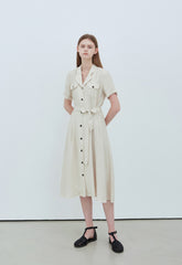 Linen Midi Shirt Dress With Button Front, Waist Tie, And Short Sleeves For Timeless Style
