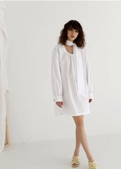 Linen Mini Dress With Contrast Stitching, Oversized Buttons And Flutter Sleeves