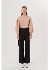 Tailored Cotton Poplin Blouse with Puff Sleeves and Crew Neckline for Contemporary Elegance