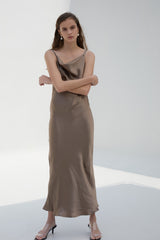 Silk Satin Cowl Neck Slip Dress for Women – Sleeveless Bias-Cut Midi Dress with Elegant Drape