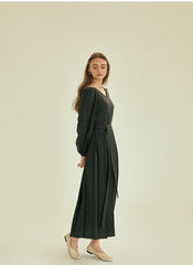 Pleated V-Neck Midi Linen Dress with Long Sleeves and Waist Tie for Timeless Elegance