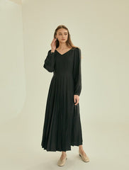 Pleated V-Neck Midi Linen Dress with Long Sleeves and Waist Tie for Timeless Elegance