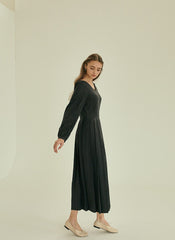 Pleated V-Neck Midi Linen Dress with Long Sleeves and Waist Tie for Timeless Elegance