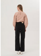 Tailored Cotton Poplin Blouse with Puff Sleeves and Crew Neckline for Contemporary Elegance