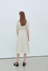 Linen Midi Shirt Dress With Button Front, Waist Tie, And Short Sleeves For Timeless Style