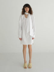 Linen Mini Dress With Contrast Stitching, Oversized Buttons And Flutter Sleeves