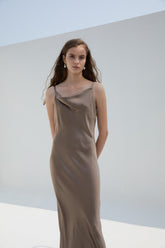 Silk Satin Cowl Neck Slip Dress for Women – Sleeveless Bias-Cut Midi Dress with Elegant Drape