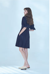 Elegant A-Line Linen Dress With Puff Sleeves And Button-Down Front For Refined Everyday Style