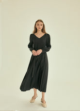 Pleated V-Neck Midi Linen Dress with Long Sleeves and Waist Tie for Timeless Elegance