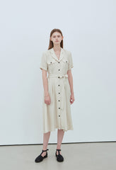 Linen Midi Shirt Dress With Button Front, Waist Tie, And Short Sleeves For Timeless Style