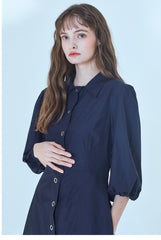 Elegant A-Line Linen Dress With Puff Sleeves And Button-Down Front For Refined Everyday Style