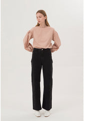 Tailored Cotton Poplin Blouse with Puff Sleeves and Crew Neckline for Contemporary Elegance