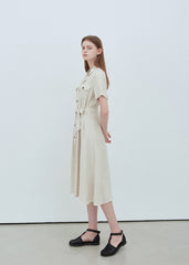 Linen Midi Shirt Dress With Button Front, Waist Tie, And Short Sleeves For Timeless Style