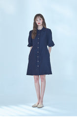 Elegant A-Line Linen Dress With Puff Sleeves And Button-Down Front For Refined Everyday Style