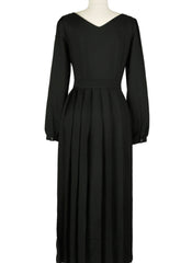 Pleated V-Neck Midi Linen Dress with Long Sleeves and Waist Tie for Timeless Elegance