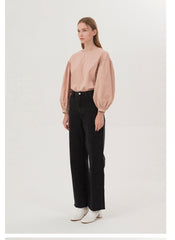 Tailored Cotton Poplin Blouse with Puff Sleeves and Crew Neckline for Contemporary Elegance