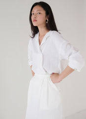Relaxed-Fit Linen Shirt with Pointed Collar and Draped Overlap Design for Modern Minimalist Style