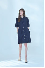 Elegant A-Line Linen Dress With Puff Sleeves And Button-Down Front For Refined Everyday Style