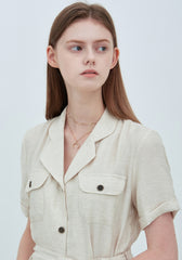 Linen Midi Shirt Dress With Button Front, Waist Tie, And Short Sleeves For Timeless Style