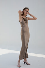 Silk Satin Cowl Neck Slip Dress for Women – Sleeveless Bias-Cut Midi Dress with Elegant Drape