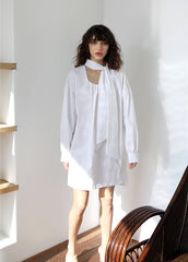 Linen Mini Dress With Contrast Stitching, Oversized Buttons And Flutter Sleeves
