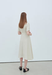 Linen Midi Shirt Dress With Button Front, Waist Tie, And Short Sleeves For Timeless Style