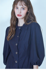 Elegant A-Line Linen Dress With Puff Sleeves And Button-Down Front For Refined Everyday Style