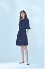 Elegant A-Line Linen Dress With Puff Sleeves And Button-Down Front For Refined Everyday Style