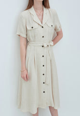 Linen Midi Shirt Dress With Button Front, Waist Tie, And Short Sleeves For Timeless Style