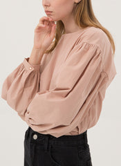 Tailored Cotton Poplin Blouse with Puff Sleeves and Crew Neckline for Contemporary Elegance