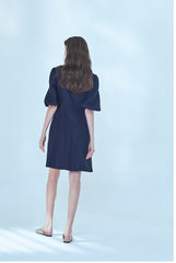 Elegant A-Line Linen Dress With Puff Sleeves And Button-Down Front For Refined Everyday Style
