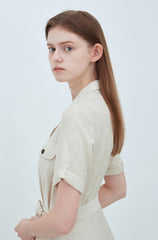 Linen Midi Shirt Dress With Button Front, Waist Tie, And Short Sleeves For Timeless Style
