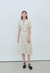 Linen Midi Shirt Dress With Button Front, Waist Tie, And Short Sleeves For Timeless Style