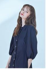 Elegant A-Line Linen Dress With Puff Sleeves And Button-Down Front For Refined Everyday Style