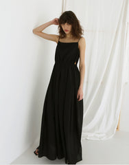 Linen Blend Puff Sleeve Midi Dress with Button Front and Contrast Trim Details