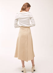 High-Waisted Linen A-Line Skirt with Front Overlap Detail and Button Closure for Elegant Styling