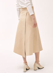 High-Waisted Linen A-Line Skirt with Front Overlap Detail and Button Closure for Elegant Styling