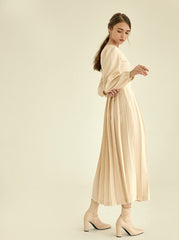 Elegant Long Sleeve Midi Linen Dress with Flared Pleated Skirt and Flattering V-Neckline